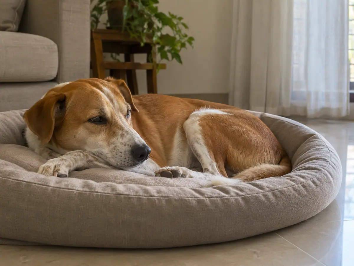 Dog resting on a clean pet bed in a treated living room