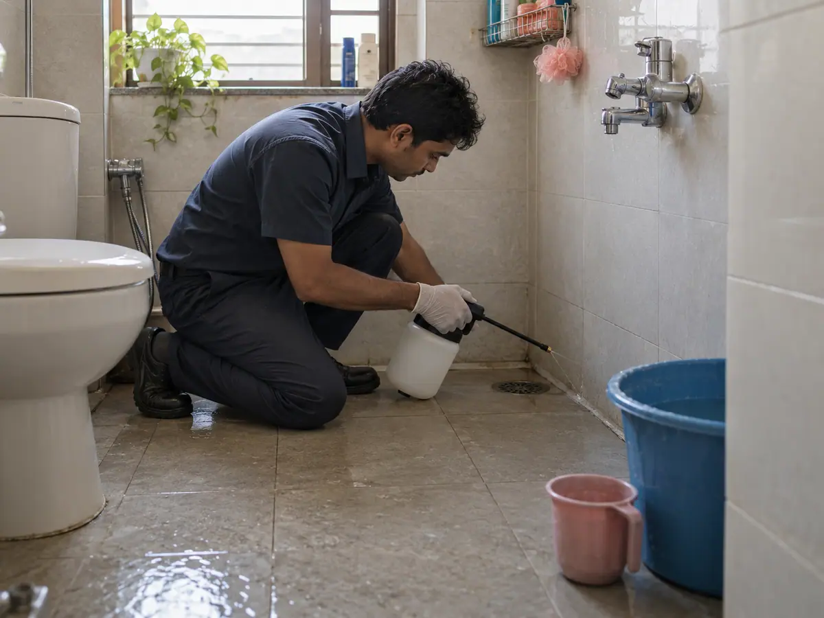 Technician treating a kitchen and bathroom during a general pest control visit