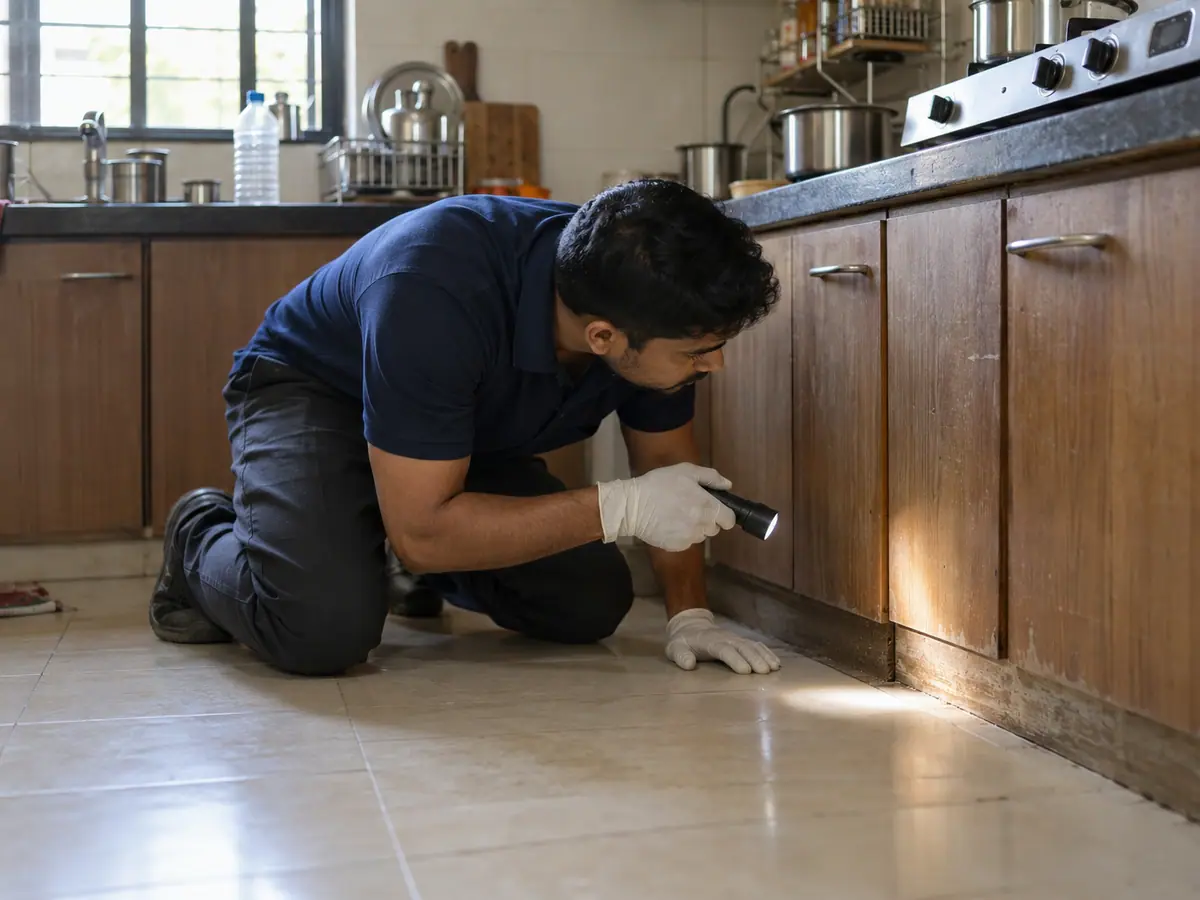 Pest control technician inspecting the base of a kitchen cabinet with a torch in a Pune apartment