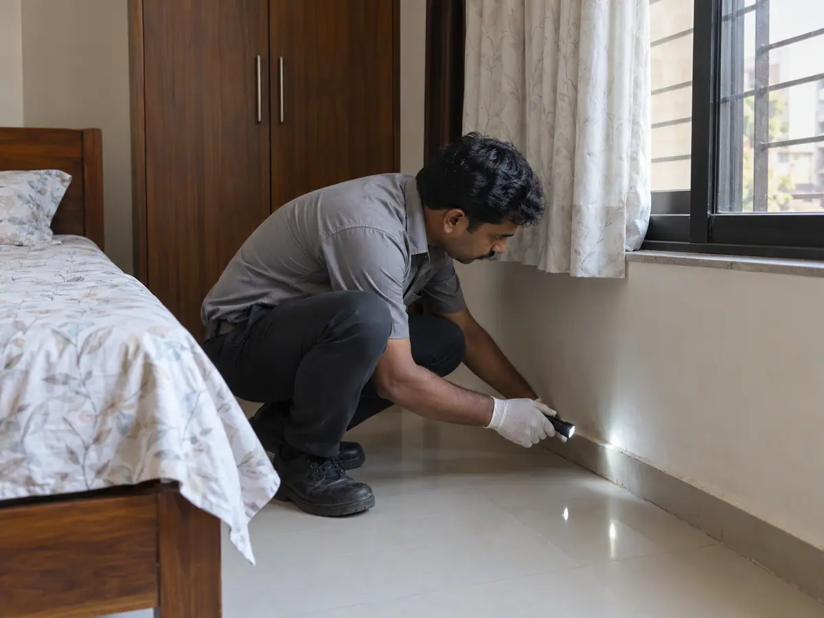 Technician checking the skirting board beside a bedroom window with a torch during a pest inspection