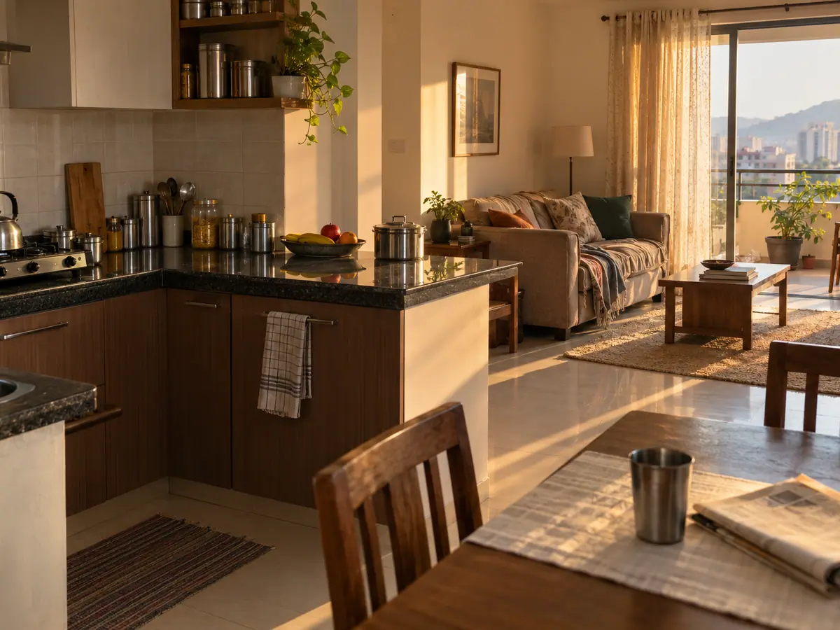 Bright, lived-in Pune apartment with a kitchen and a living room with a balcony