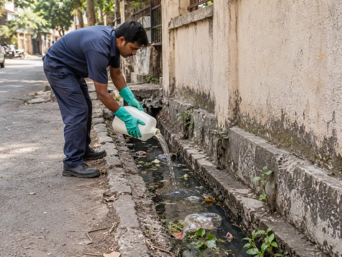 Technician treating standing water in a drain to stop mosquito breeding