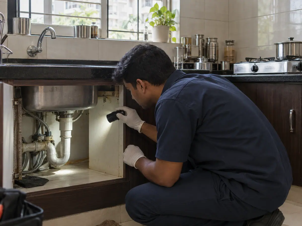 Pest control technician inspecting a kitchen in a Pune apartment