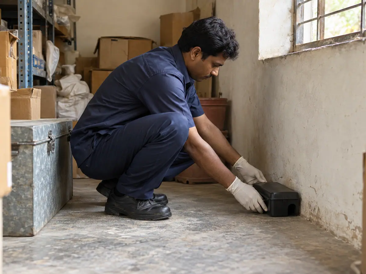 Technician placing a rodent bait station in a store room