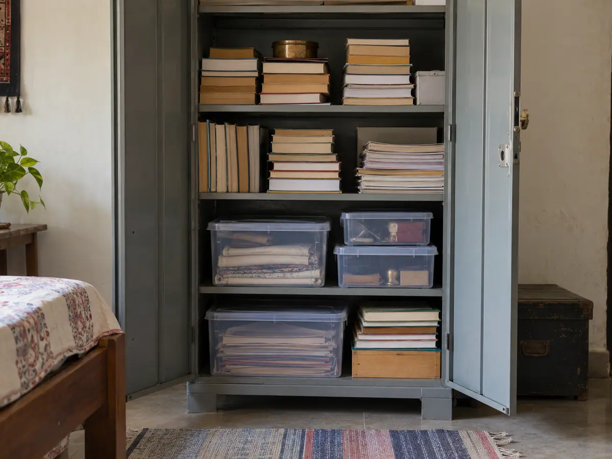 Books and papers stored in a dry, sealed cupboard
