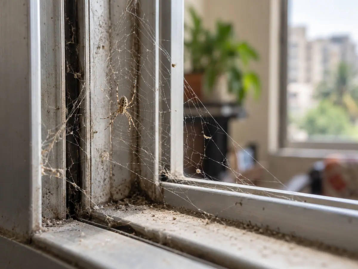 Spider web in the corner of a window in a Pune home