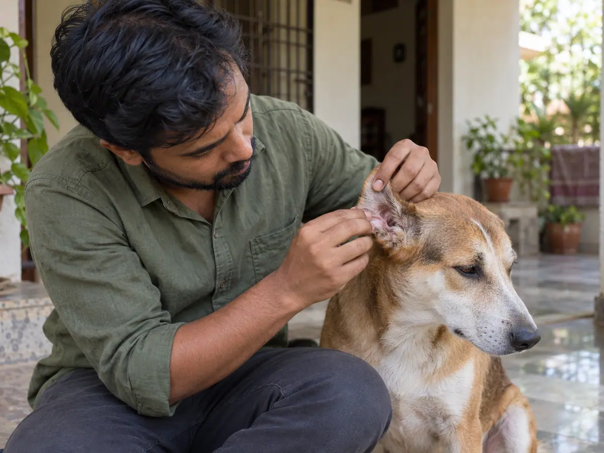 Pet owner checking a dog for ticks after a walk