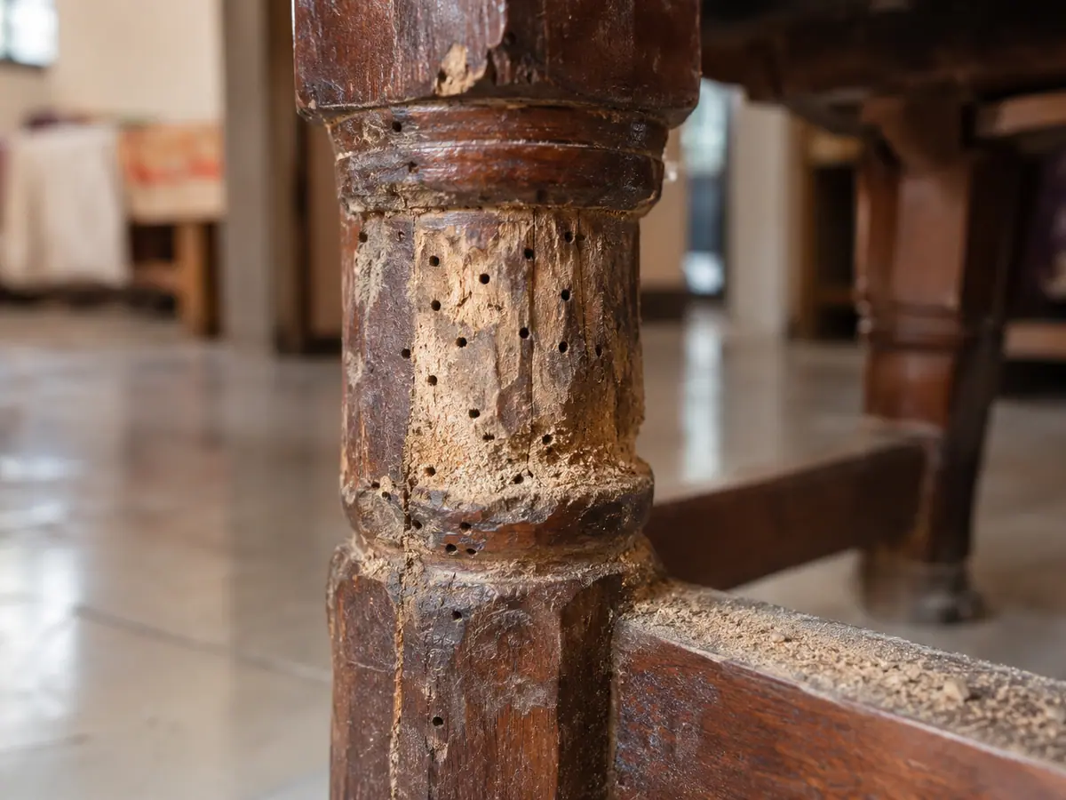 Fine wood powder under a wooden table leg